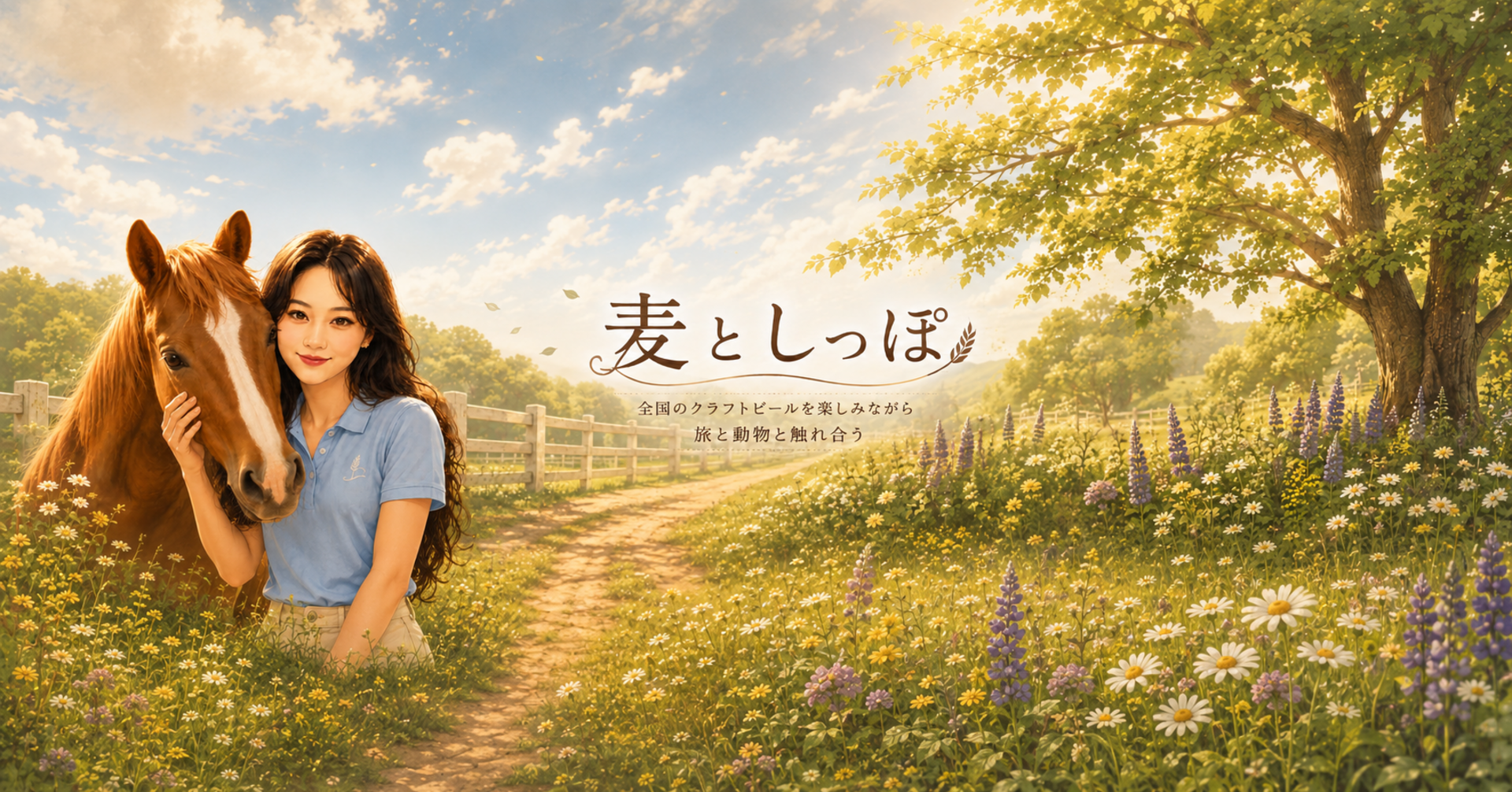 花畑で女性が馬に寄り添う麦としっぽのイメージ